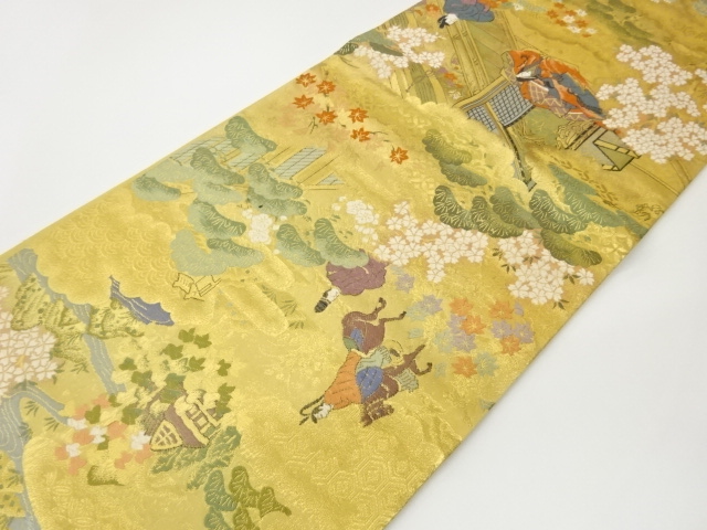  木々に屋敷・人物模様織出し全通袋帯